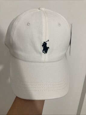 Ralph Lauren White Cotton Polo Cap with Navy Pony Logo